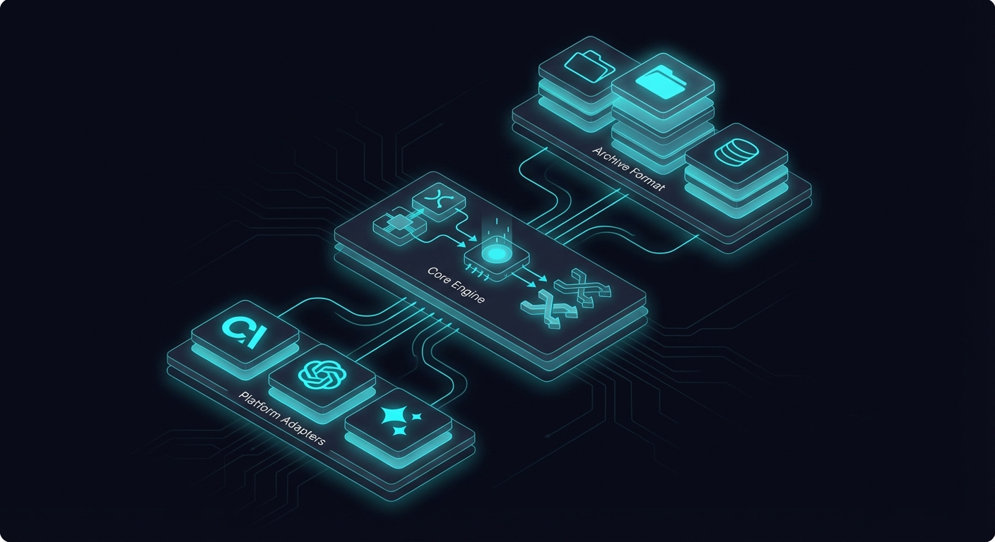System architecture diagram showing CLI to Adapters to Encryption to Storage flow