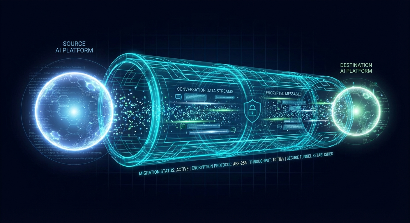 Two illustrated assistants - one ChatGPT-green, one Claude-orange - with an arrow between them showing data transfer